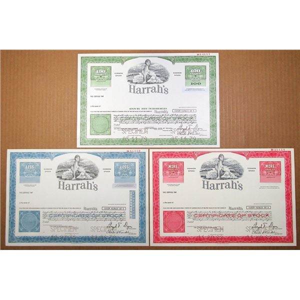 NV. Harrah's, 1978 to 1988, Specimen Stock Certificate Trio.