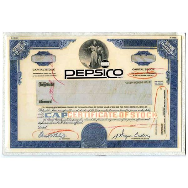 NC. PepsiCo Inc., 1988 Unique Production Department Design Mockup Stock Certificate