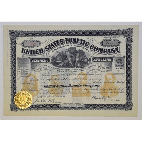 IL. United States Fonetic Co., 1887, I/U Stock Certificate.