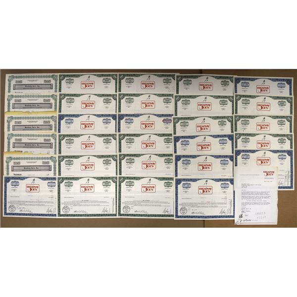 NY. Broadway Joe's, Inc. Stock Certificate Collection, ca.1960s to 1970s Includes Founding Share Mad