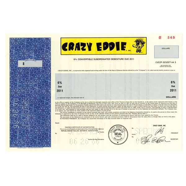 Crazy Eddie, 1986 Specimen Bond "Eddie Anton" Scam company.
