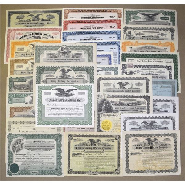 Real Estate Construction, Printing, and Publishing Stock Certificate Assortment, ca. 1880s to 1960s.