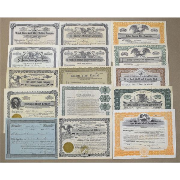 Sports, Manufacturing, Social Clubs & Medicine Company Stock Certificate Collection, ca. 1880s to 19