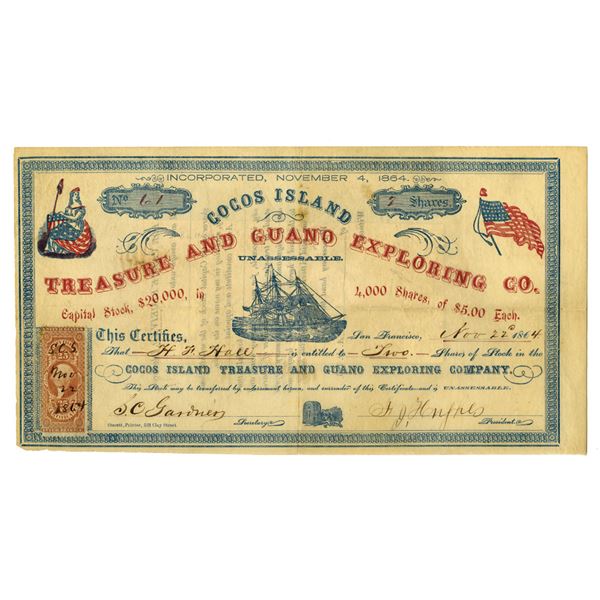 CA. Cocos Island Treasure and Guano Exploring Co., 1864 I/U Stock Certificate.