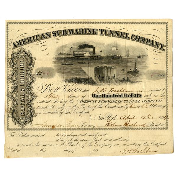 NY. American Submarine Tunnel Company, 1874 I/U Stock Certificate.