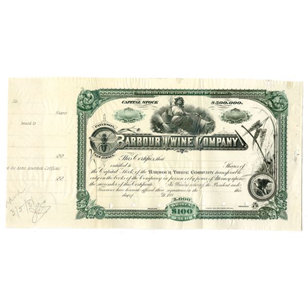 NJ. Barbour Twine Co., ND (1880s), Unique Approval Proof Stock Certificate.