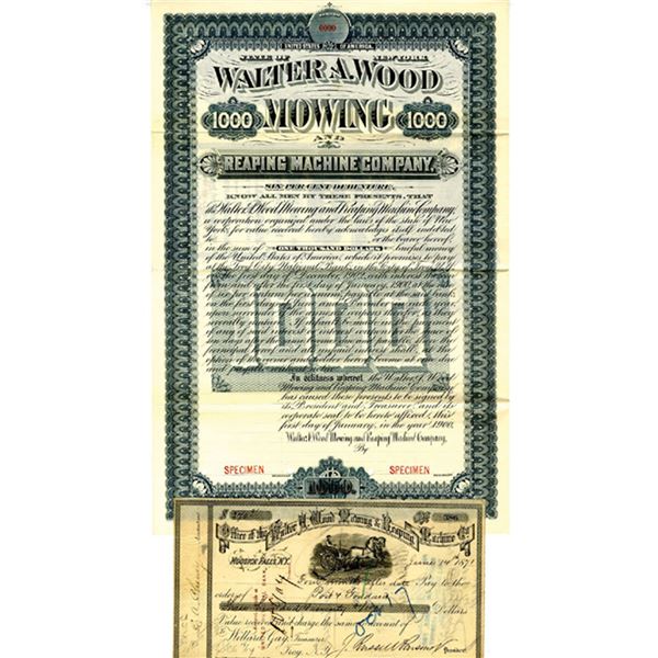 NY. Walter A. Wood Mowing & Reaping Machine Co., 1871-1900 Bond and Bank Draft Pair