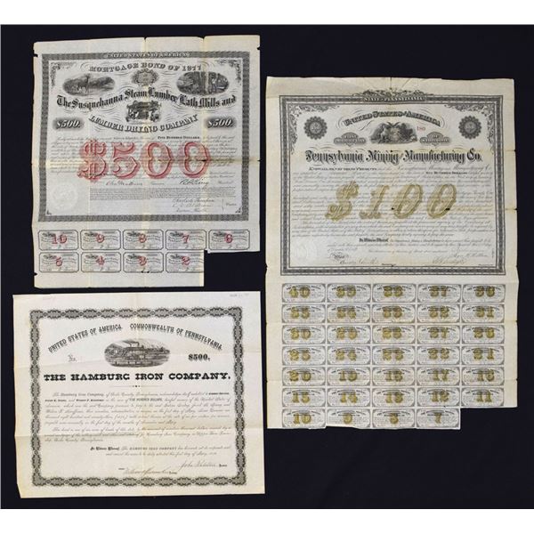 PA. Mining, Manufacturing, and Lumber Company Coupon Bonds, I/U Trio.  ca.1837 to 1871.
