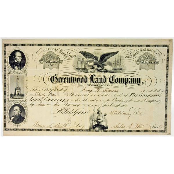 MD. Greenwood Land Company of Baltimore, 1855 I/U Stock Certificate