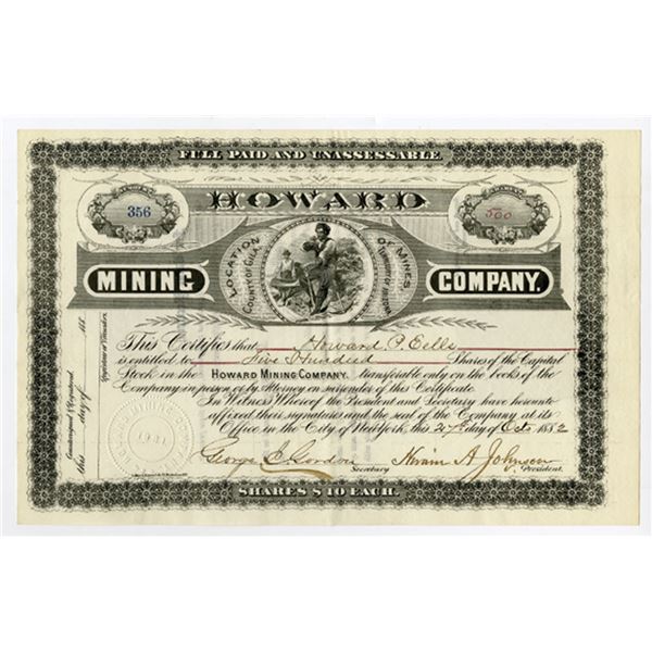 Arizona Territory. Howard Mining Co., 1882, I/U Stock Certificate