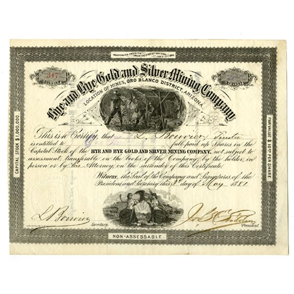 AZ. Bye and Bye Gold and Silver Mining Co., 1881, I/U Stock Certificate.