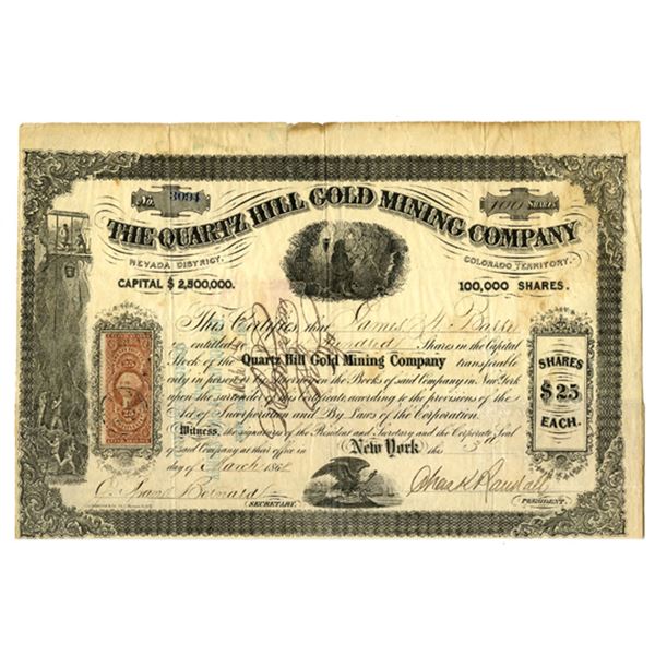 CO. Quartz Hill Gold Mining Company, Colorado Territory, 1865 I/U Stock Certificate