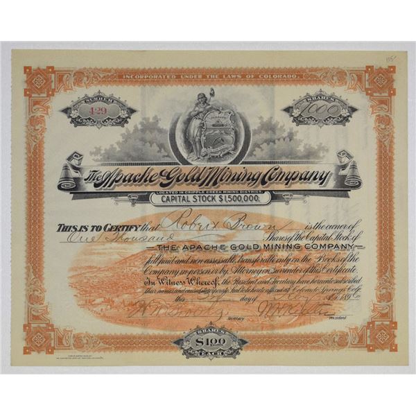 CO. Apache Gold Mining Co., 1896, I/U Stock Certificate.