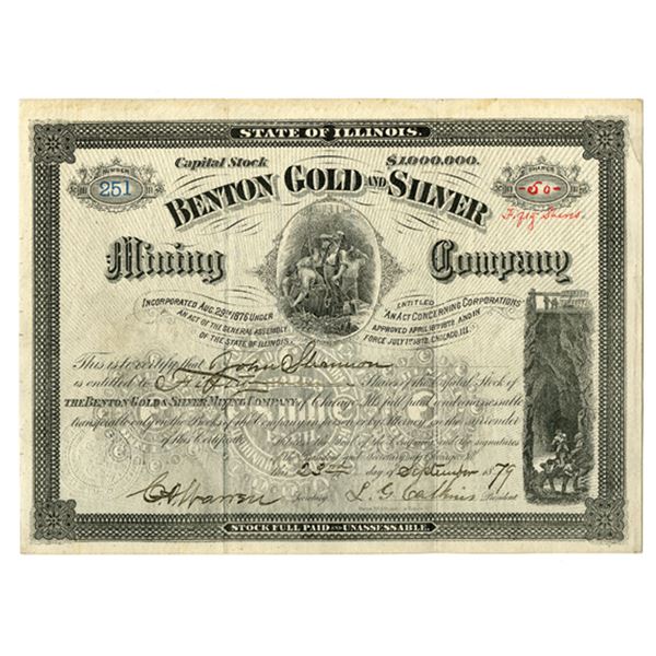 CO. Benton Gold and Silver Mining Co., 1879, I/U Stock Certificate.