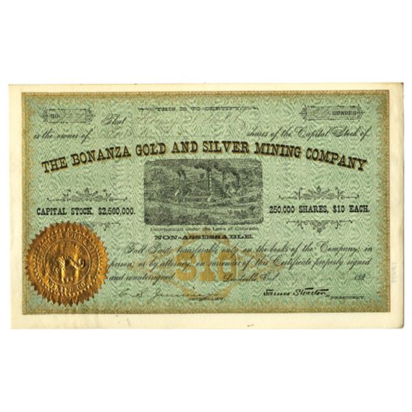 CO. Bonanza Gold and Silver Mining Co., 1882, I/U Stock Certificate.
