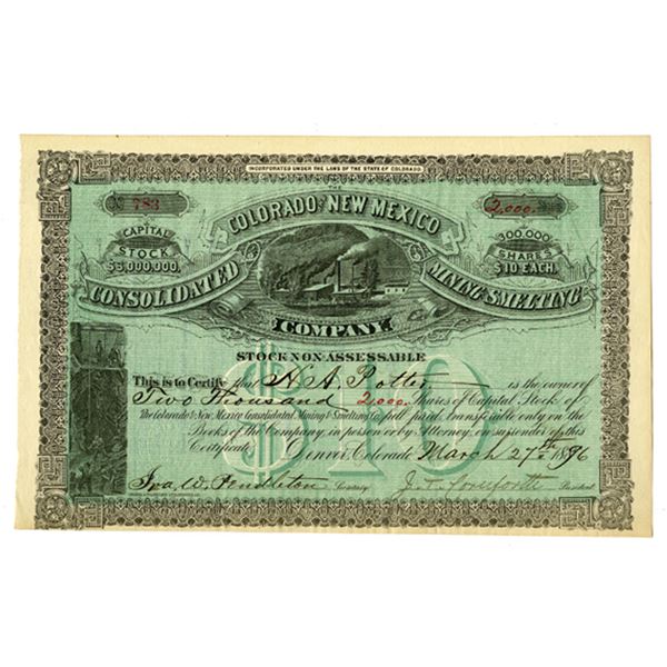 CO. Colorado & New Mexico Consolidated Mining & Smelting Company, 1896 I/U Stock Certificate