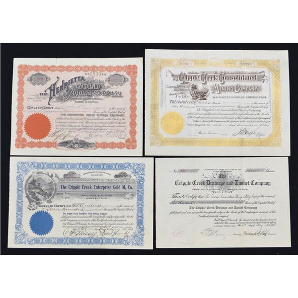 CO. Cripple Creek Mining Stock Certificate Quartet, ca.1896-1908