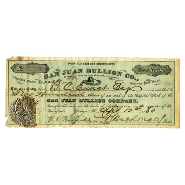 CO. San Juan Bullion Co., 1880 I/U Stock Certificate