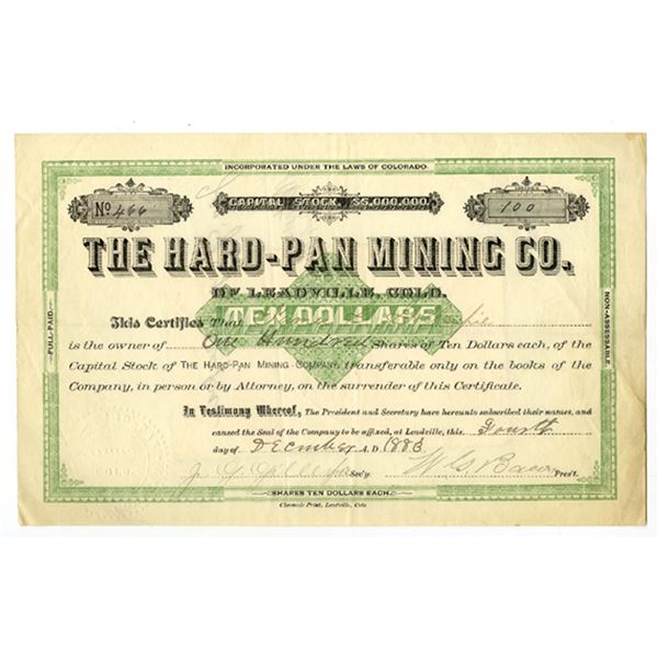 CO. The Hard-Pan Mining Company of Leadville, CO, 1888, I/U Stock Certificate