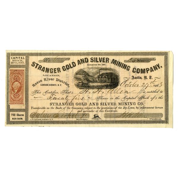 Nevada Territory. Stranger Gold and Silver Mining Co., 1863, Issued Stock Certificate.
