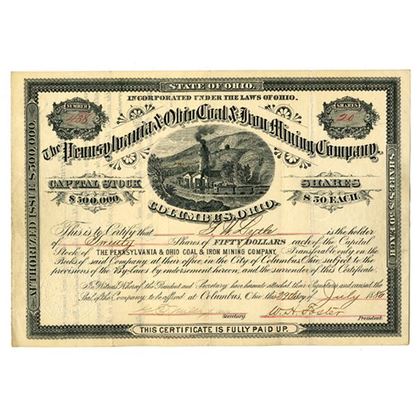 OH. Pennsylvania & Ohio Coal & Iron Mining Co., 1880, I/U Stock Certificate.