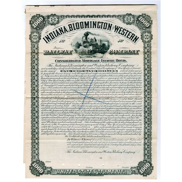 IN. Indiana, Bloomington and Western Railway Co., 1881 $1000 Specimen Bond Rarity