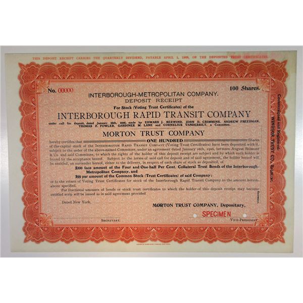 NY. Interborough-Metropolitan Co., 1906, Specimen Deposit Receipt Stock Certificate
