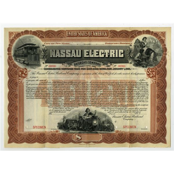 NY. Nassau Electric Railroad Co., 1898 Specimen Registered 4% Gold Bond Rarity