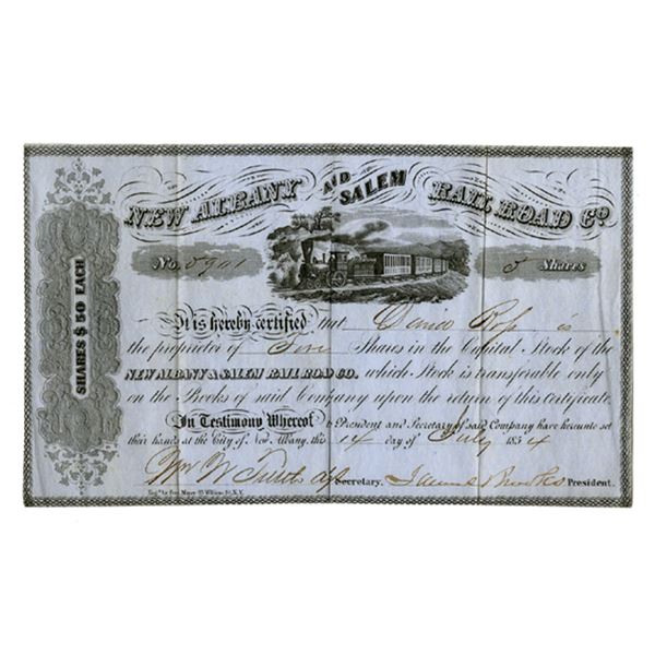 NY. New Albany and Salem Rail Road Co., 1854, I/U Stock Certificate.