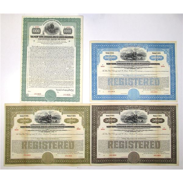 NY. New York, Chicago and St. Louis Railroad Co., 1916 and 1928, Specimen Bond Quartet