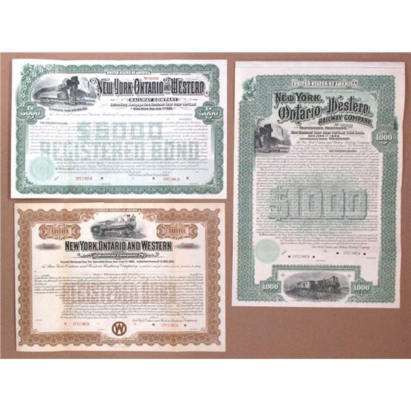 NY. New York, Ontario and Western Railway Co., 1892 to 1905, Specimen Gold Bond Trio.