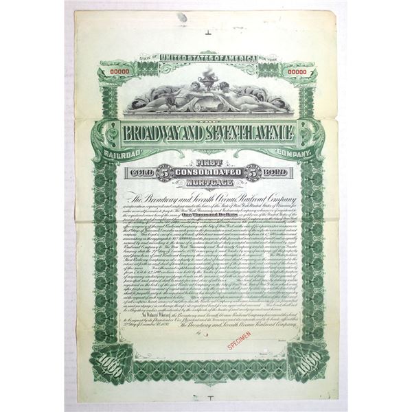 NY. New York. Broadway and Seventh Ave Railroad Co., 1893, Specimen 5% Registered Gold Bond