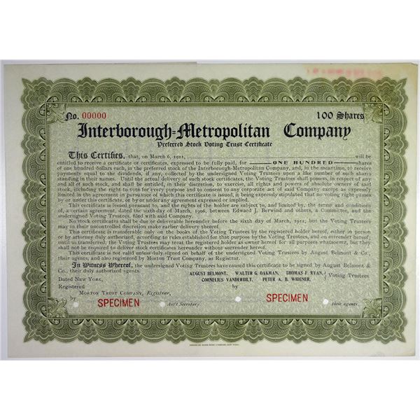 NY. Interborough-Metropolitan Co. 1911 Specimen Trustee Stock Certificate