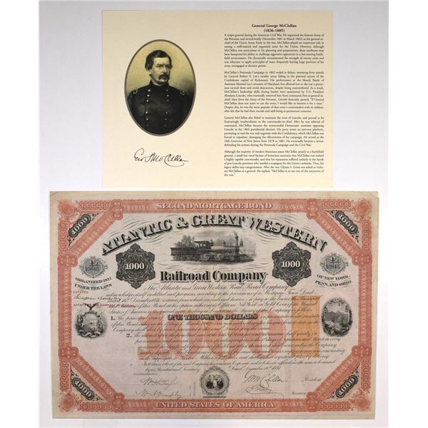 NY,PA,OH. Atlantic & Great Western Railroad Co., 1871, I/U Bond signed by General George McClellan w