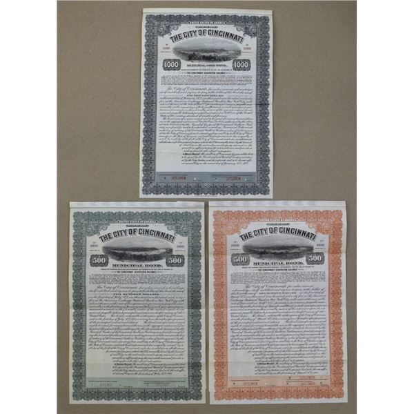 OH. City of Cincinnati - The Cincinnati Southern Railway, 1914 to 1922, Specimen Bond Trio.