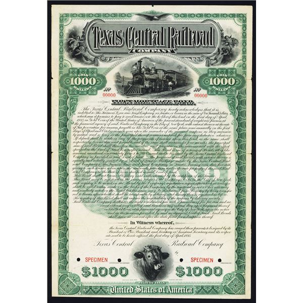 TX. Texas Central Railroad Co., 1893 Specimen Bond Rarity