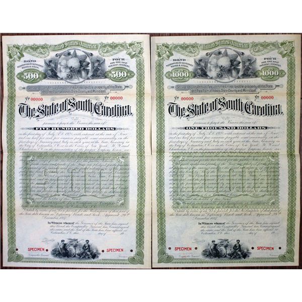 SC. State of South Carolina, 1900 & 1920 Specimen Coupon Bond Pair