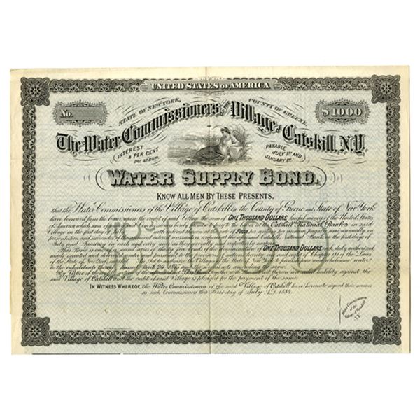NY. Water Commissioners of the Village of Catskill, N.Y., 1884, Specimen Bond.