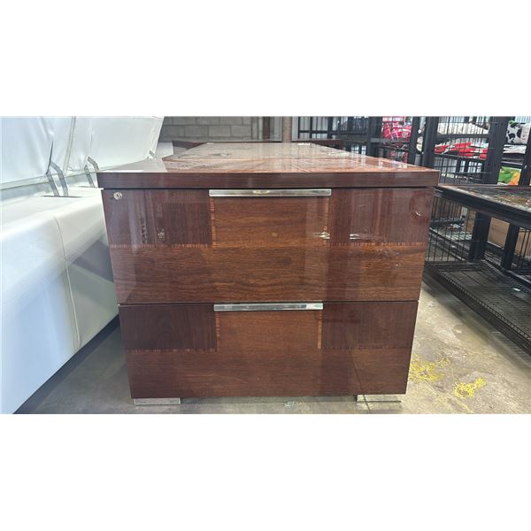 DARK WOODEN FILING CABINET WITH CHROME FINISH HANDLES AND KEY - APPROX. 35 1/2"W X 20"D X 30"H