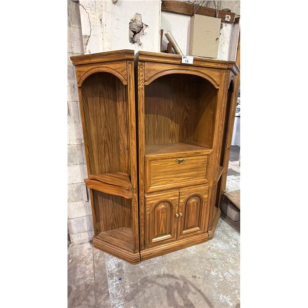 OAK STORAGE CABINET WITH TWO MATCHING CORNER SHELVES - CABINET MEASURES APPROX. 32"W X 16"D X 75"H,
