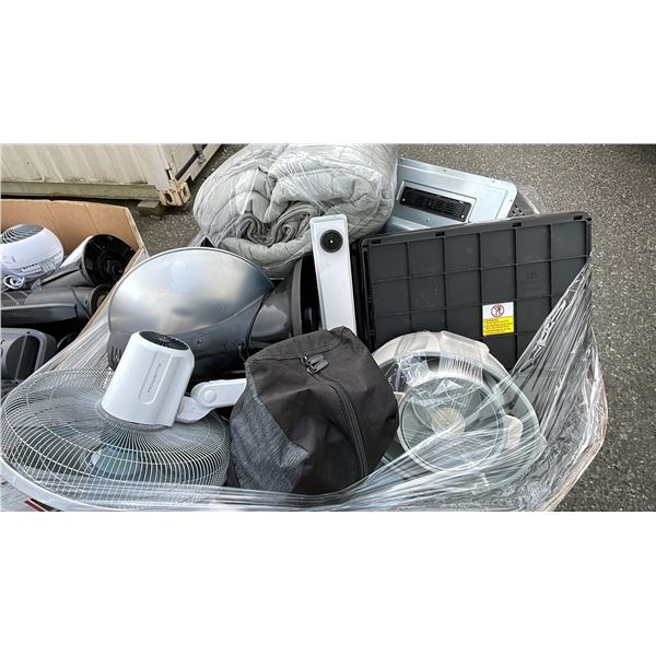 PALLET OF HOME GOODS - FAN, DISH HEATER, FRYING PANS, CROCK POT, SMALL APPLIANCES & MORE *MUST TAKE