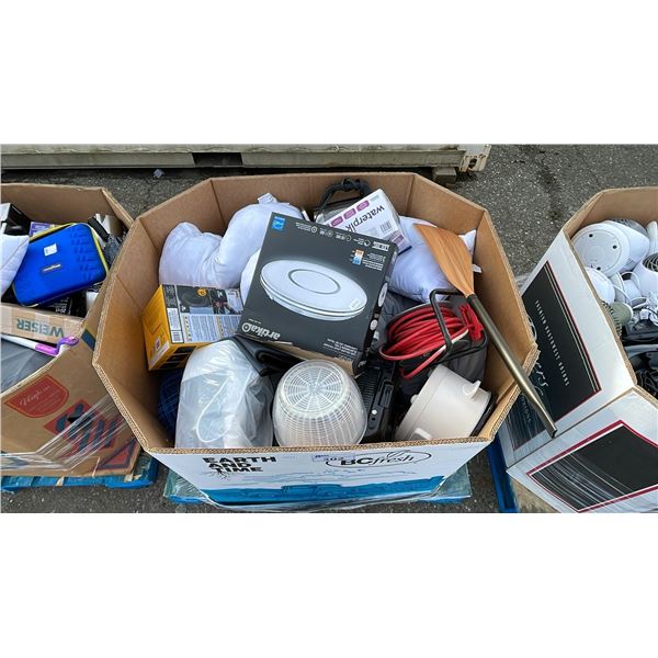 PALLET OF HOME GOODS - LED CEILING LIGHT, CAT POWER STATION, EXTENSION CORD, PILLOWS, SMALL