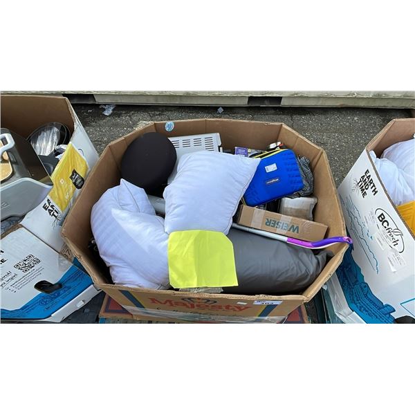 PALLET OF HOME GOODS - PILLOWS, SMALL APPLIANCES, AIR MATTRESS, UMBRELLA, LED CELLING LIGHT, STOOL