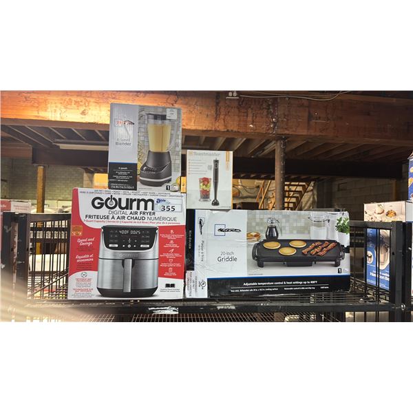 SHELF OF SMALL APPLIANCES - DIGITAL AIR FRYER, 20" GRIDDLE, IMMERSION BLENDER & BLENDER