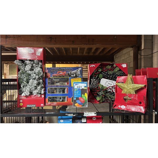 BATTERY OPERATED NORTH POLE EXPRESS TRAIN SET, 9' PRE LIT GARLAND, CHRISTMAS LIGHTS, WREATH & TREE