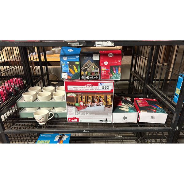 INFLATABLE 10.5' SANTAS SLEIGH WITH FLYING REINDEER, ASSORTED CHRISTMAS LIGHTS & CHRISTMAS MUGS