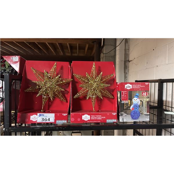 HOLIDAY TIME 7' INFLATABLE SWIRLING LIGHTS SNOWMAN & ASSORTED CHRISTMAS TREE TOPPERS