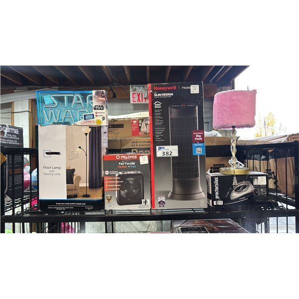 SHELF OF SMALL APPLIANCES - FLOOR LAMP, TABLE LAMP, LED NEON LIGHT, CLOTHES IRON & TWO HEATERS