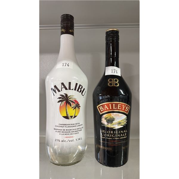 1.14 L BOTTLE OF MALIBU RUM & 750 ML BOTTLE OF BAILEY'S IRISH CREAM - SEALED BOTTLES