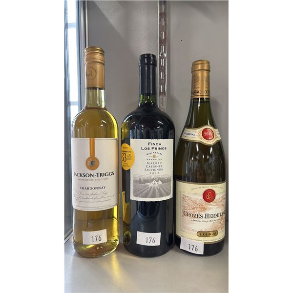 3 BOTTLES OF WINE: JT CHARDONNAY, FINCA LOS PRIMOS MALBEC CABERNET & GROZE-HERMTIAGE E. GUIGAL